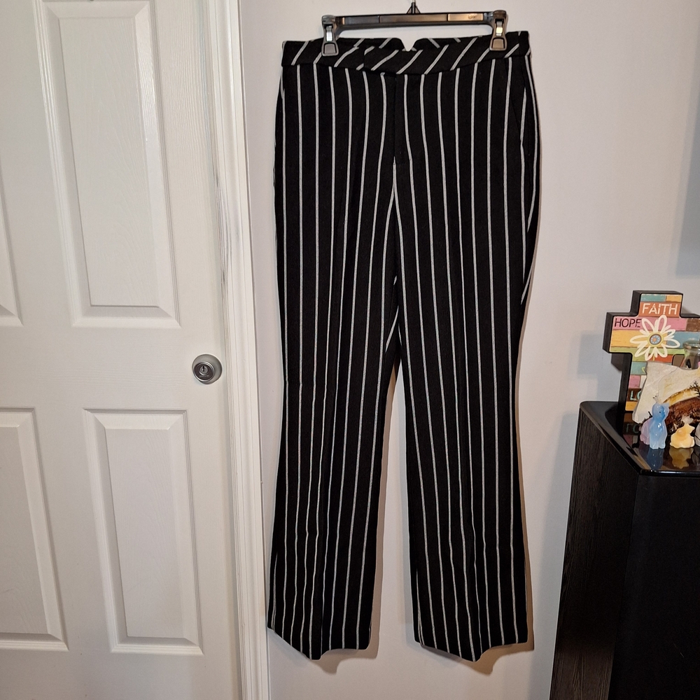 New York & Company Eve Mendes Black Wide-Leg Pinstripe Dress Pants